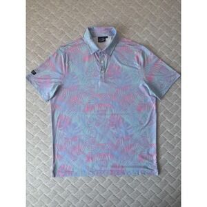 Sunday‎ Swagger Polo Shirt Mens Large Blue Pink Tropical Leaf Golf Performance
